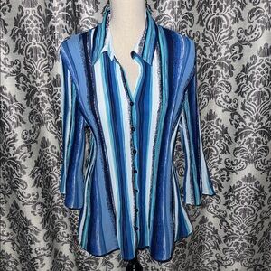 Avenue Striped Sheer Bell Sleeve Button Down Top